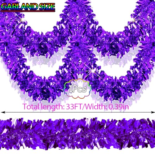 33ft Purple Metallic Tinsel Garland, 3.5-Inch Thick Holiday Decor