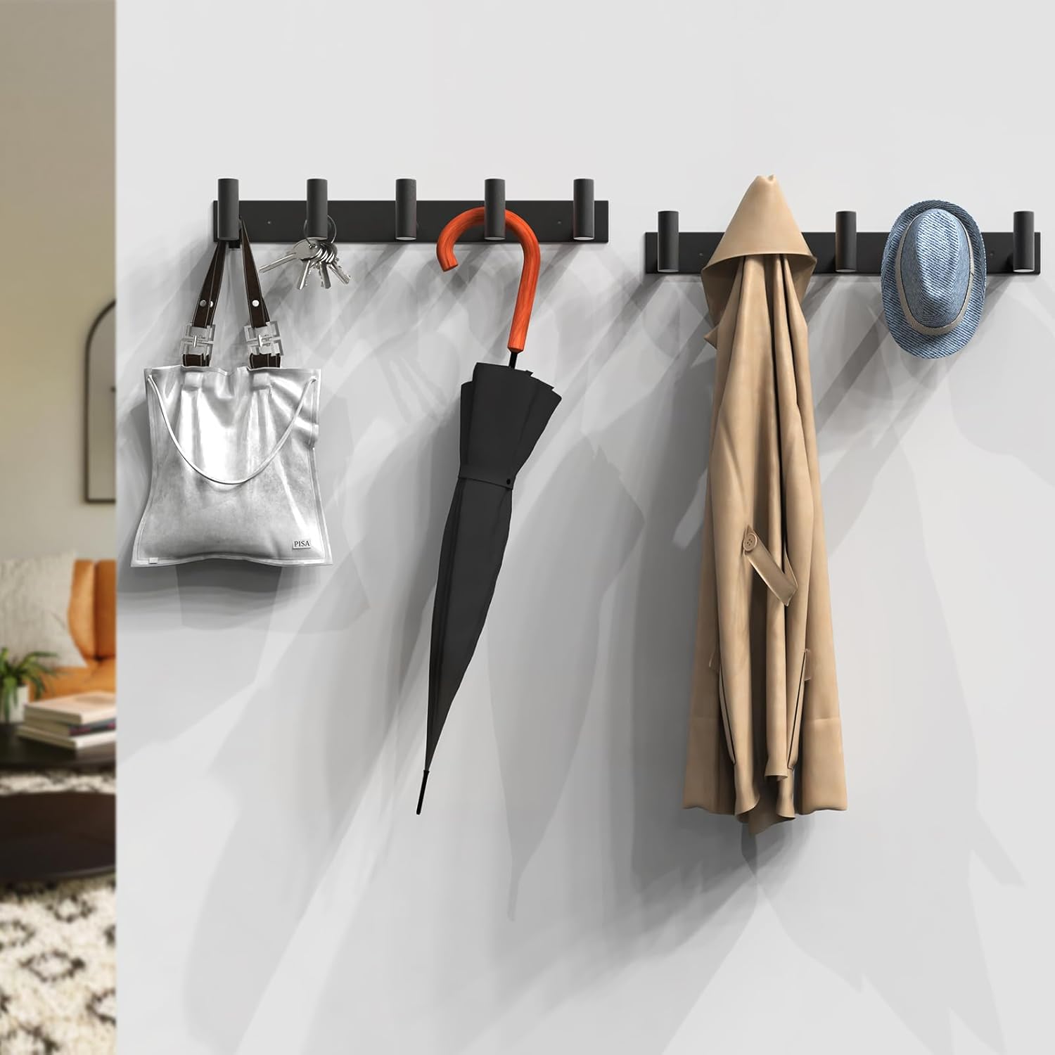 VAEHOLD Wall Mount Rack - Black Hat and Coat Organizer with 5 Hooks for Robes, Bags, Keys, Towels