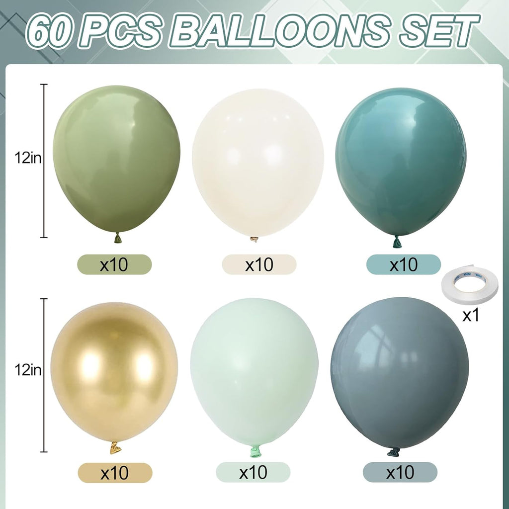 Sage Green & Blue Balloons - 60 PCS 12-Inch Dusty Green, Blue, Sand & Gold for Baby Shower | Wedding Decor