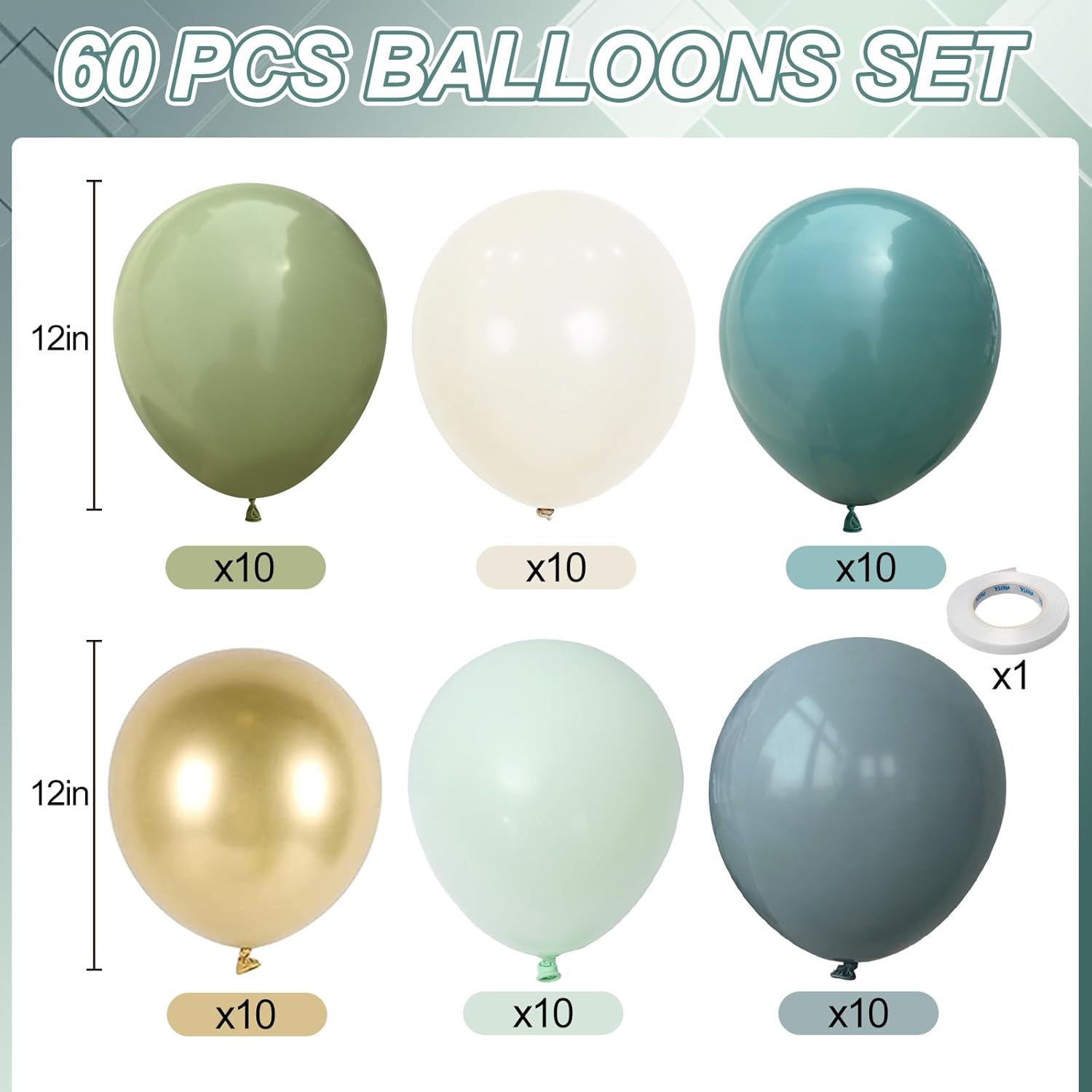 Sage Green & Blue Balloons - 60 PCS 12-Inch Dusty Green, Blue, Sand & Gold for Baby Shower | Wedding Decor