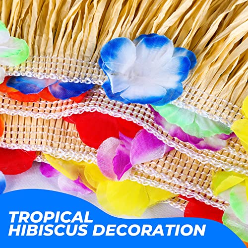 Hawaiian Luau Grass Table Skirt with Hibiscus Flowers, 9ft Tropical Decor
