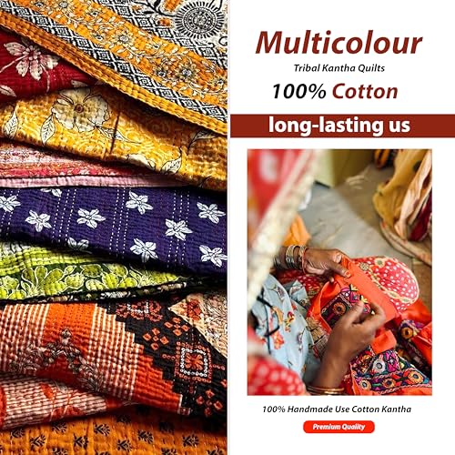 Handmade Vintage Indian Kantha Quilt - 90x60 Inch Cotton Blanket