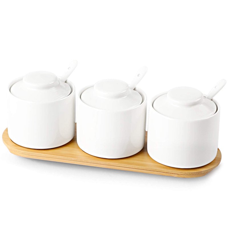 ONTUBE Porcelain Condiment Jar Set of 3 Spice with Tray, Ceramic Condiment Pot Spoon and Lid, Seasoning Box,Sugar Bowl, 8oz (White)