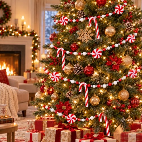 WHQXFDZ 9 Ft Christmas Candy Cane Garland - Shatterproof Plastic Candy Bead Decor