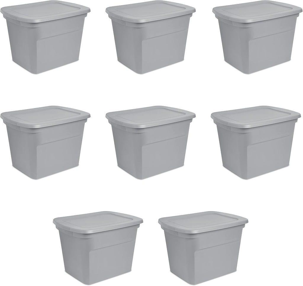 Sterilite 18 Gal Storage Tote - Stackable Plastic Bin with Lid for Closet & Basement Organization | Gray, 8-Pack