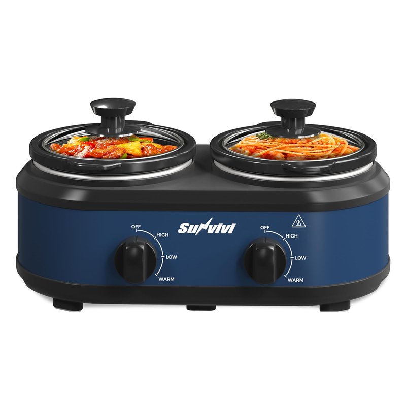 SUNVIVIPRO Double Slow Cooker,2 Removable Pots Small Mini Crock Buffet Server and Warmer with Adjustable Temp, Visible Glass Lids, Dishwasher Safe, 2 x 1.25 Quart, Blue