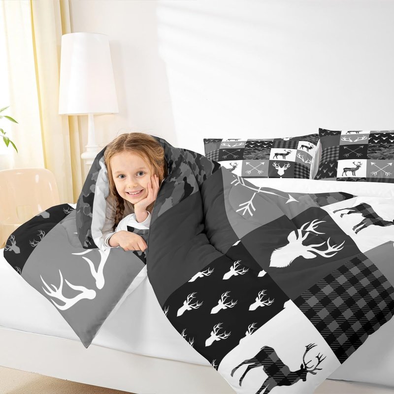 Deer Silhouette Comforter Set Queen Size,Camo Western Rustic Farmhouse Xmas Bedding Set 3pcs for Kids Teens Home Room Decor,Antlers Arrow Geometric Quilt Set,Black Grey Duvet Insert,2 Pillowcases
