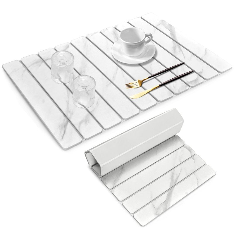 Dish Drying Mat for Kitchen Counter, 24"x16" Super Absorbent Hide Stain Dish Drying Pad with Non-slip Rubber Backed, Quick Drying Mat for Coffee Machine Dish Rack（Whtie Marble）