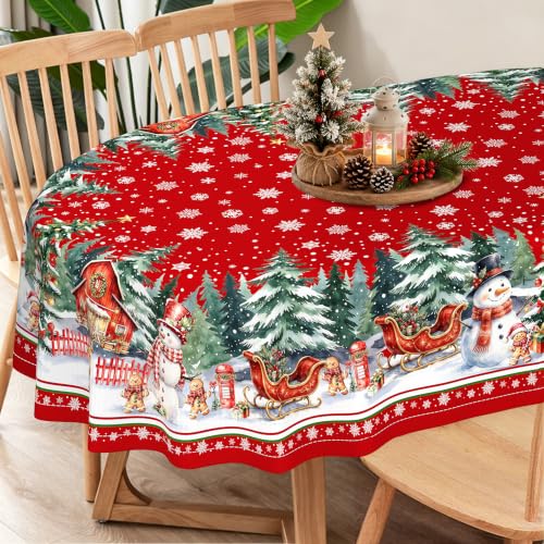 Oval 60x120in Red Snowflake Christmas Tablecloth - Tree, Santa & Gingerbread Design