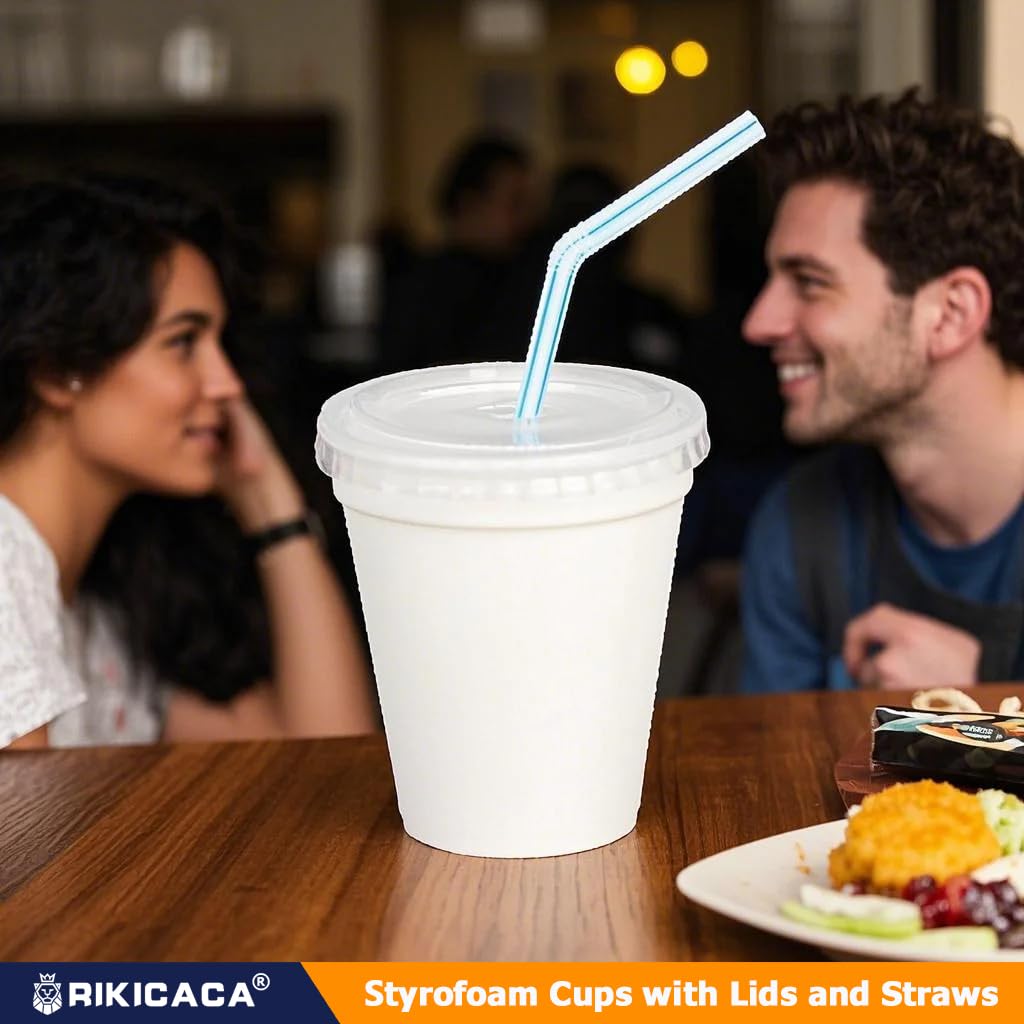 RIKICACA 8 Oz Styrofoam Cups with Lids and Drinking Straws, Disposable White Foam Cups for Hot Cold Drink Beverage, To Go Drinking Container for Coffee, Tea, Juice - 50Sets/150pcs