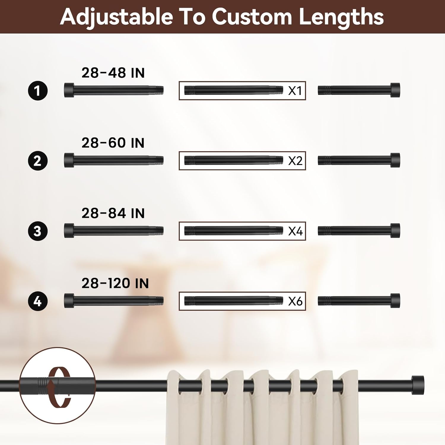 Skiennix Black Curtain Rods - Heavy Duty Metal Drapery Rods for Windows 28-48 Inch | 5/8 Inch Diameter