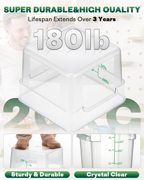 4QT NSF Food Storage Containers: 8 PCS [Food Grade][Hot&Cold Resistant] Commercial Clear Square Food Storage Containers with Scales Handles for Home Restaurant Kitchen Proof Dough(BPA FREE-GREEN)