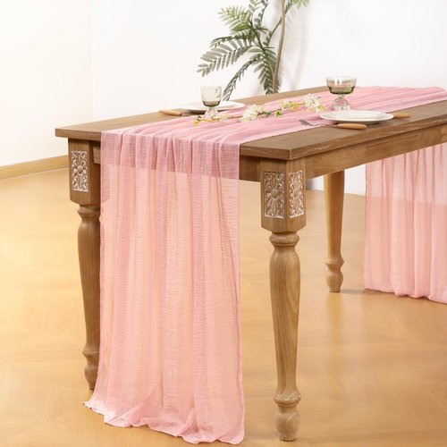DeZerlor Blush Pink Cheesecloth Table Runner - 120 Inch Boho Gauze for Weddings & Events | 4 Pack