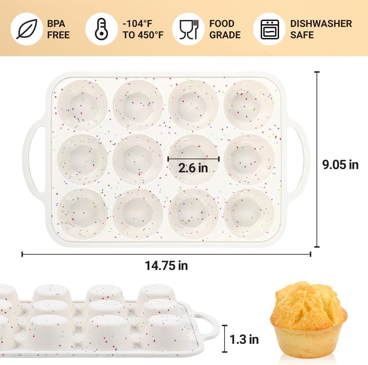 Skiennix Silicone Muffin Pans - Nonstick 12-Cup Baking Tray with Metal Reinforced Frame | BPA Free, Dishwasher Safe