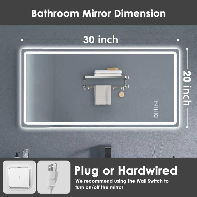 OUGOO 32 x 24 LED Mirror for Bathroom, Anti-Fog, Dimmable, Backlit + Front Lit, Memory Function Bathroom Vanity Mirror for Wall, Vertical & Horizontal