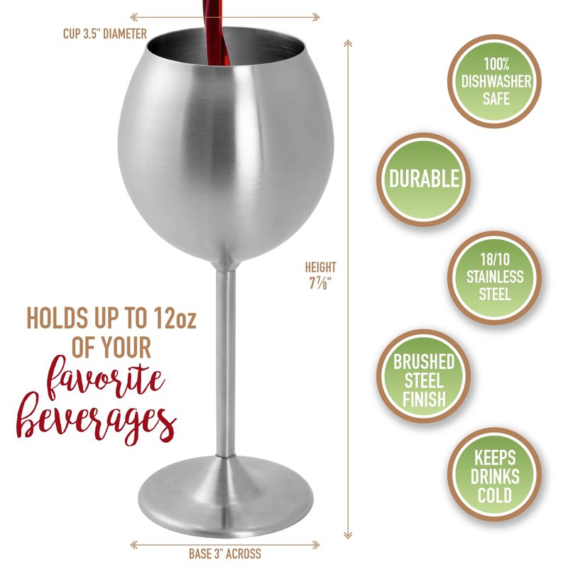 Deco Unbreakable 12 Oz Stainless Steel Wine Glasses (4 Pack)- Large Stemmed Matte Silver Wine Goblets - Reusable Indoor Outdoor Drinkware - Keeps Wine Chilled Longer - Great for Summer Pool Parties