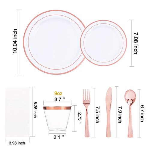 350 Piece Dinnerware Set for Wedding & Party,50 Guest RimPlastic Plates,50 Plastic Silverware,50 Cups,50 Linen Like Napkins (Rose Gold)
