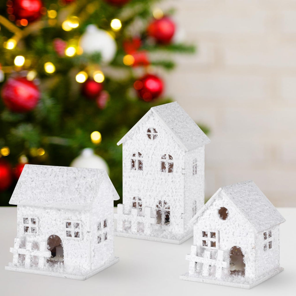 TOYANDONA LED Lighted Christmas Village Houses - 3-Piece Wooden Tabletop Decor Set