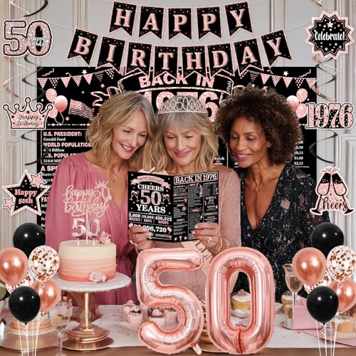 50th Birthday Party Decorations Kit - Rose Gold and Black 1976 Theme