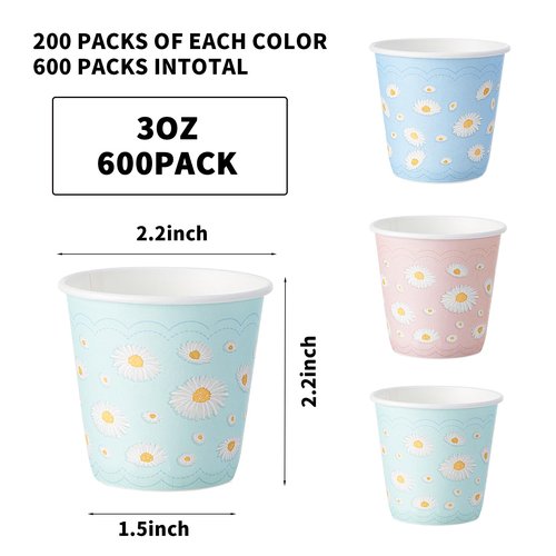 Tamone 600 Pack 3 oz Paper Cups, Small Bathroom Cups, Disposable Cups, Mini Paper Cups Daisy Design Pink, Blue, Mouthwash Cups for Party, Picnic, BBQ, Travel, Home and Event