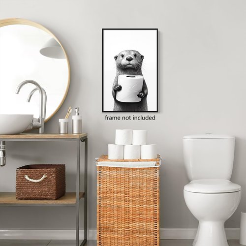 Funny Bathroom Wall Art | Cute Otter Holding Toilet Paper | 16x24in Unframed Canvas Decor