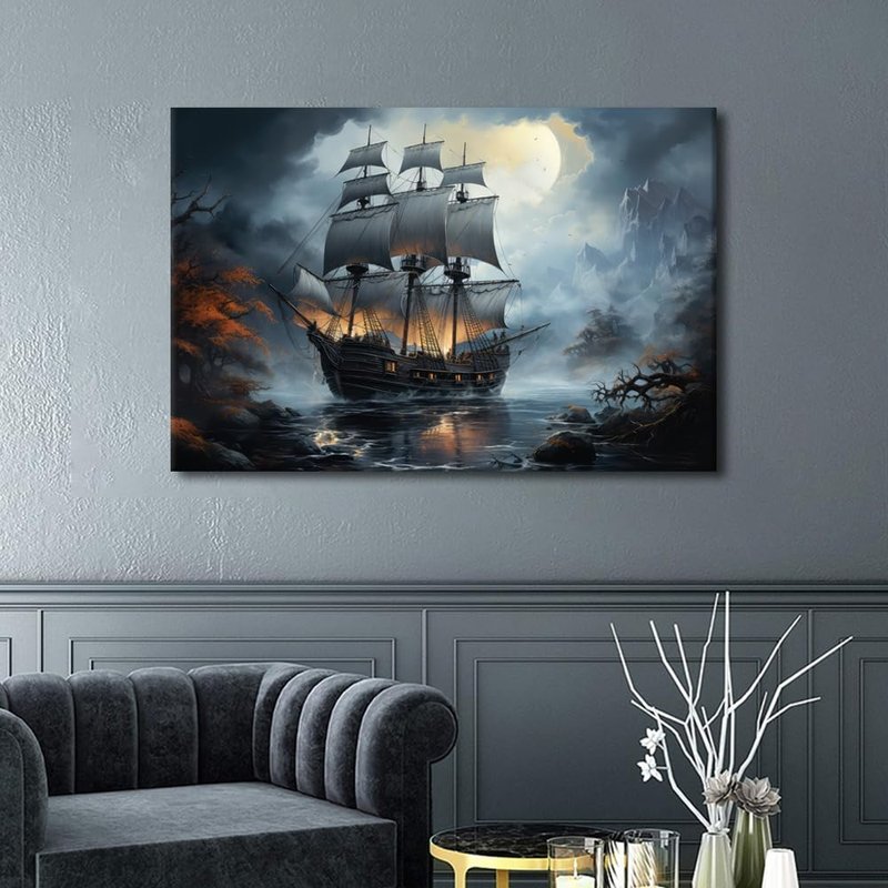 TUMOVO Sailboat Nautical Modern Wall Art Sea Landscape Picture Contemporary Artwork Pirate Ship in the Sea Print On Canvas Bedroom Wall Art Pictures for Living Room Framed Ready to Hang 36x24 in