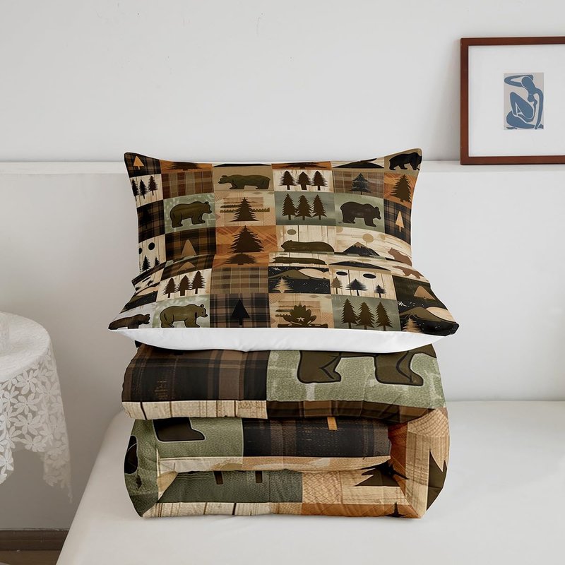 Feelyou Kids Bear Comforter Twin Size, Camper Comforter Set Boys Girls Rustic Cabin Country Bedding Set Western Farmhouse Teens Duvet Set Bedroom Decor 2Pcs