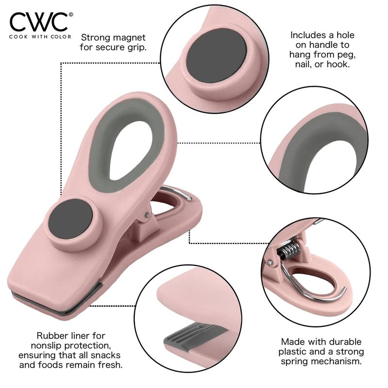 COOK WITH COLOR Bag Clips - Heavy Duty Chip Clip and Refrigerator Magnet Clips for Food Storage with Air Tight Seal Grip, Pink and Grey, Pack of 8