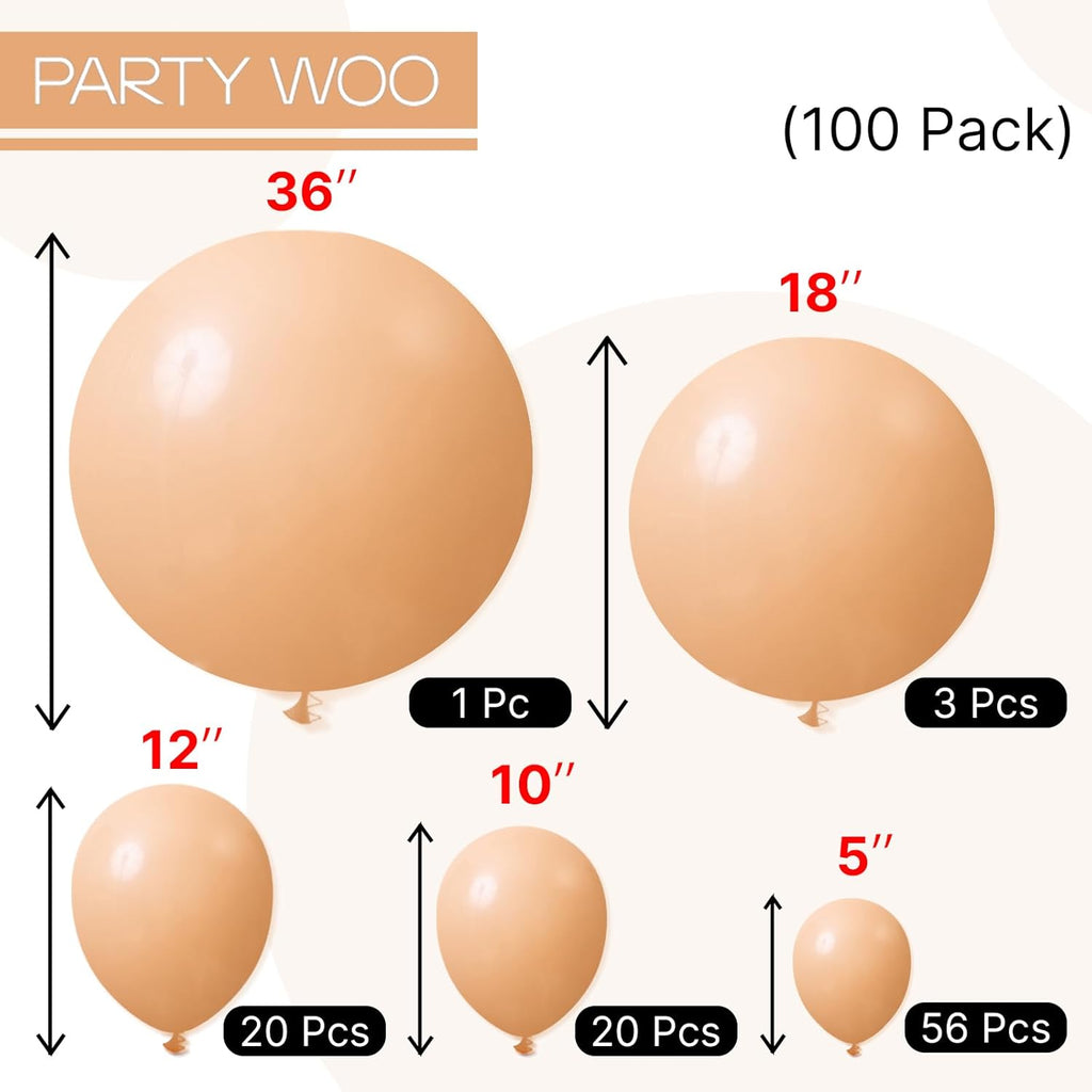 PartyWoo Nude Balloons - 100-Piece Pack in Various Sizes for Boho-Themed Parties | Beige & Apricot