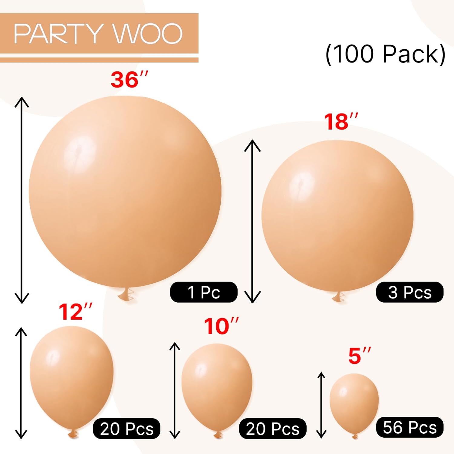 PartyWoo Nude Balloons - 100-Piece Pack in Various Sizes for Boho-Themed Parties | Beige & Apricot