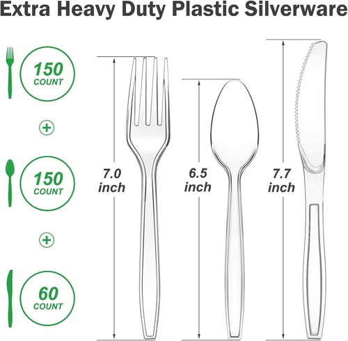 Dealusy 360 Count Heavy-Duty Clear Plastic Silverware Set - 150 Forks, 150 Spoons, 60 Knives | BPA-Free & Heat Resistant