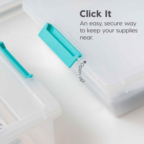 IRIS USA Craft Storage Bins - 6 Qt. Clip Box Tote Organizer, 4-Pack, Stackable - Clear & Seafoam Blue