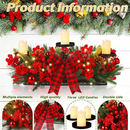 Christmas Table Centerpiece with 3 LED Candle Holders & Pine Cones