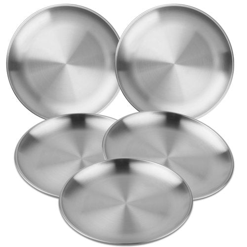 MOUYAT 5 PCS Stainless Steel Plate Set, 13 Inch Round Metal Dinner Plates, Heavy Duty Round Salad Plates Reusable Metal Dinner Dish for Serving Camping Outdoor BBQ Home Kitchen, Polished silver