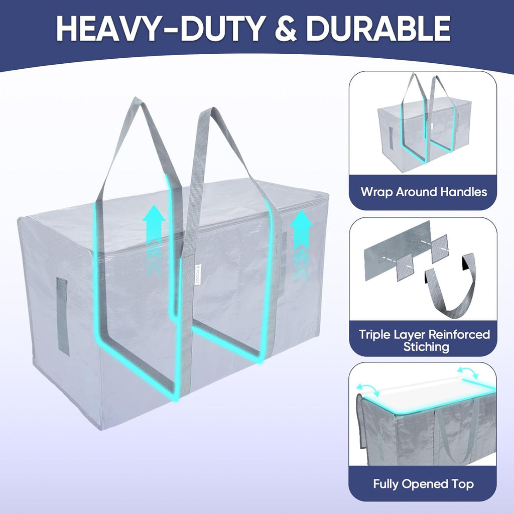 TICONN Extra Large Heavy-Duty Moving Bags - Durable Storage with Zippers & Handles | 2 Pack, Light Grey
