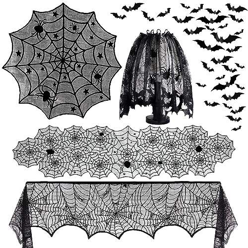 Halloween Spiderweb Tablecloth Runner Bat Decor Set for Spooky Home