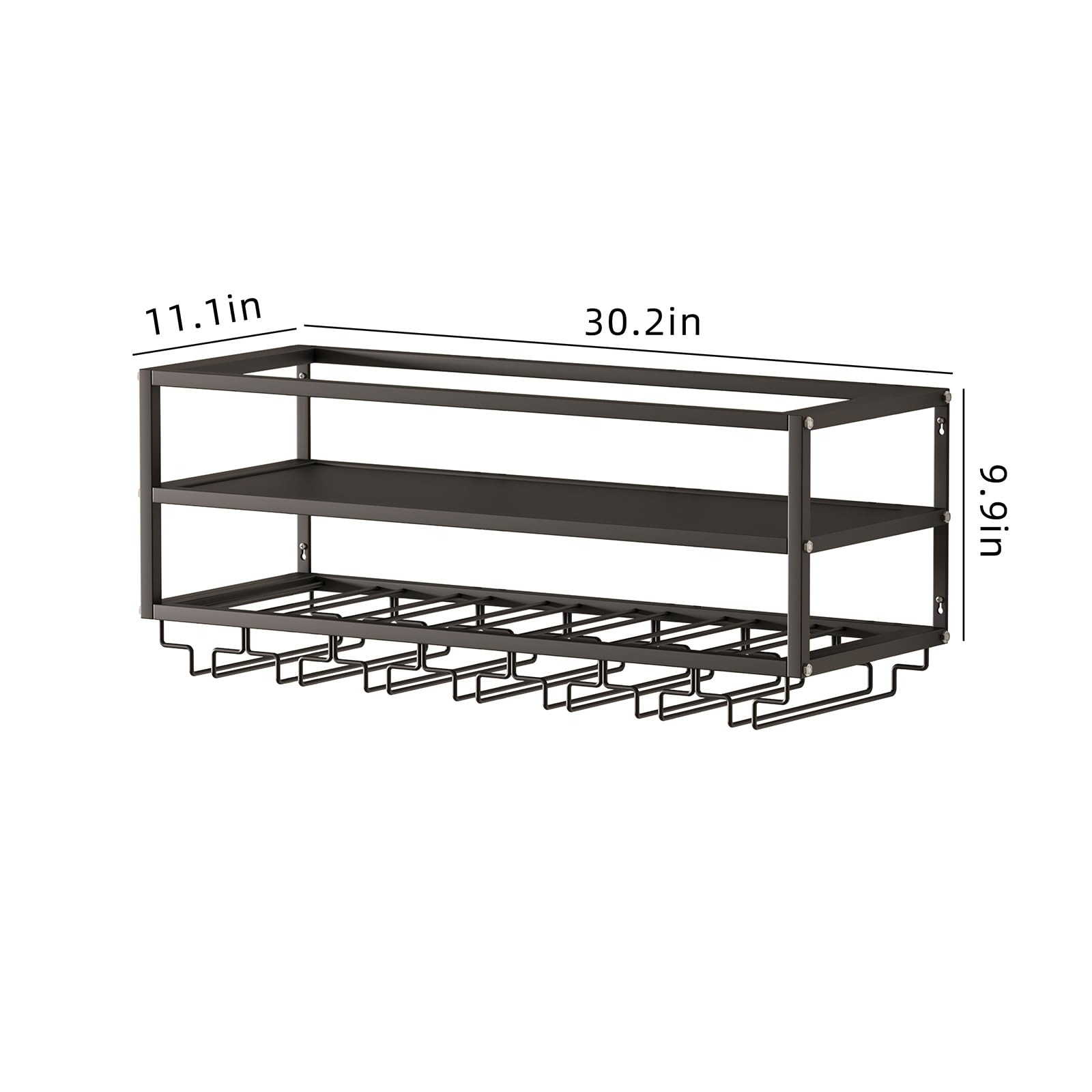 MAIKAILUN Wall Mounted Wine Rack Black with Glass Holder 30in Metal Bottle Holder Hanging Multi Functional Wine Storage Display Rack for Home Bar Dining Room Kitchen (Black, 2-Tier)