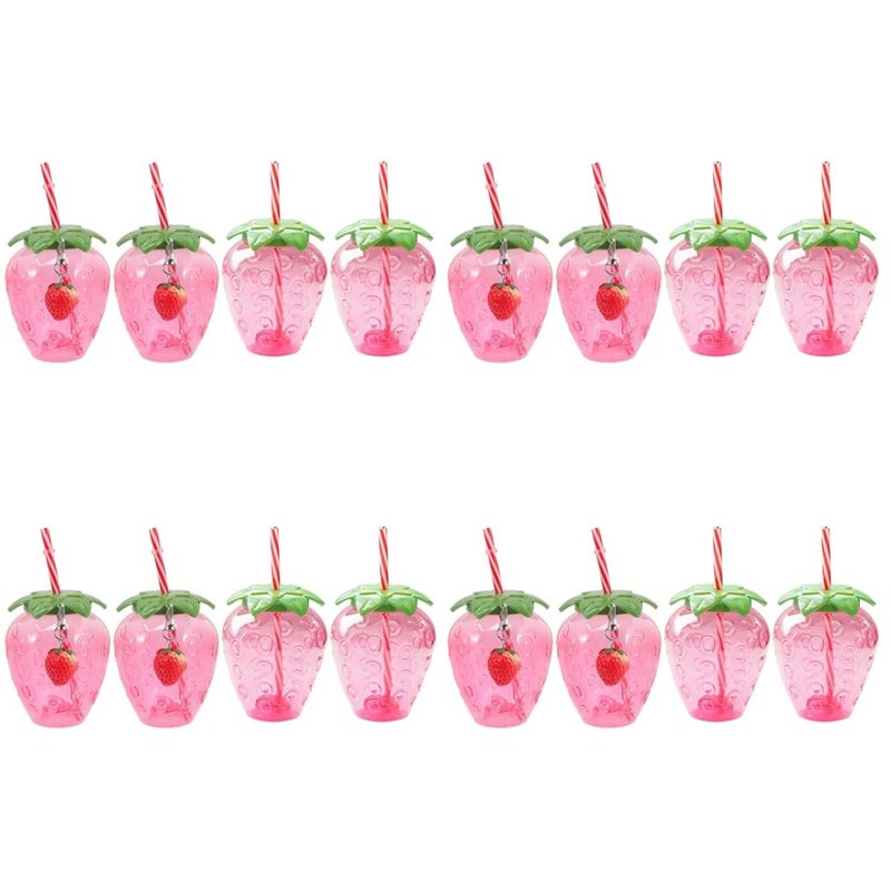 DOITOOL Strawberry Shaped Cups with Lids and Straws 16 Pcs Plastic Strawberry Drinking Tumblers for Girls Portable Milk Tea Cups for Parties and Everyday Use