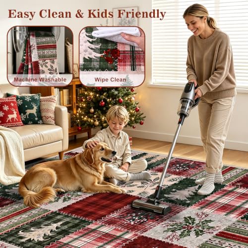 Christmas 5x7 Patchwork Plaid Rug - Red Holiday Area Rug with Non-Slip Backing