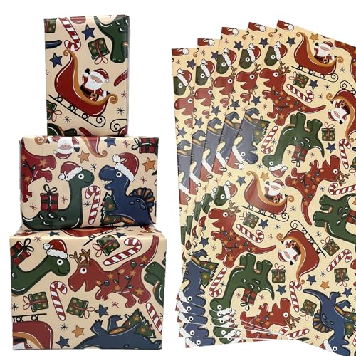 Dinosaur Christmas Wrapping Paper 8 Sheets 28 x 20 in - Dinasour Xmas Variation