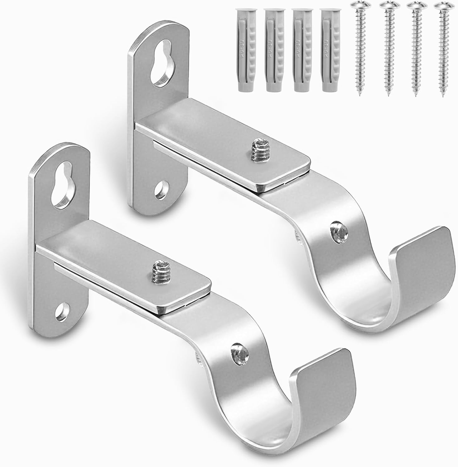 Skiennix Adjustable Curtain Rod Brackets - Metal Drapery Rod Holders for 1 Inch Rods | Satin Silver, Set of 2