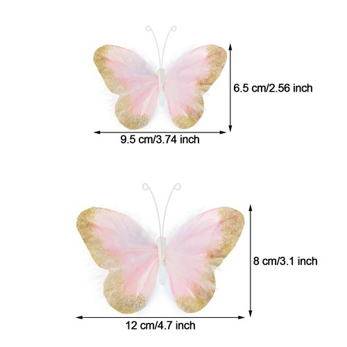 16 Pieces Feather 3D Butterfly Wall Decals Gold Glitter Butterfly Decor Stickers for Room Offices Bedroom Bathroom Living Room Decor(Light Pink)