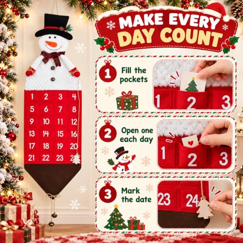 Heyaner 24-Days Christmas Advent Calendar Snowman Wall Hanging Countdown with Pockets
