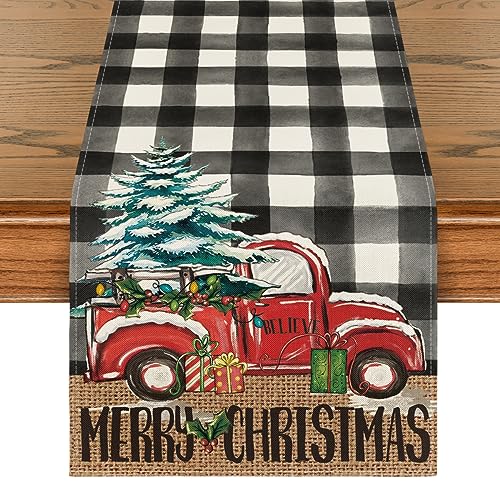 Artoid Mode Truck Tree Christmas Table Runner 13x90 Inch Black/White