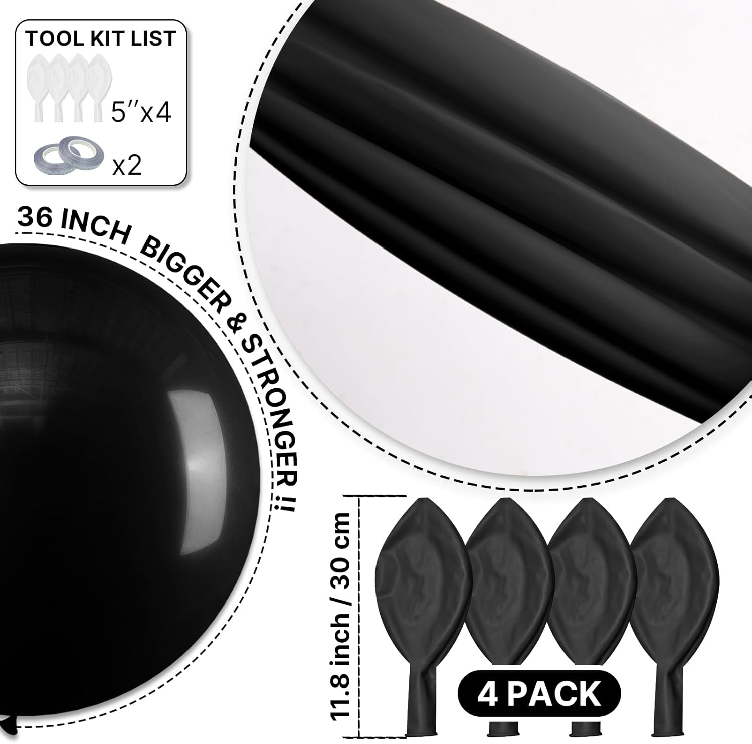 PartyWoo Black Balloons - 36 Inch Matte Latex Helium Balloons for Baby Showers & Birthdays