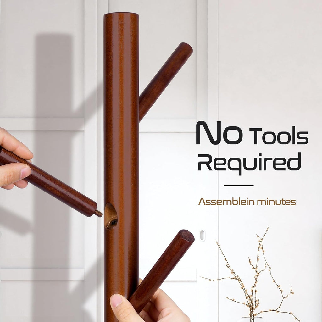 Skiennix Solid Wooden Coat Rack - Freestanding New Zealand Pine Coat Tree with 8 Hooks | Adjustable Sizes for Coats, Hats, and Handbags (Brown)
