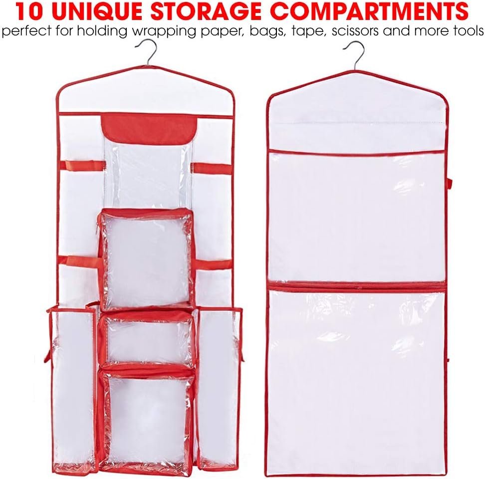 Primode Gift Wrap Organizer - Double-Sided Wrapping Paper Storage with Pockets for Accessories | 40”x17” Clear PVC Bag (Red)