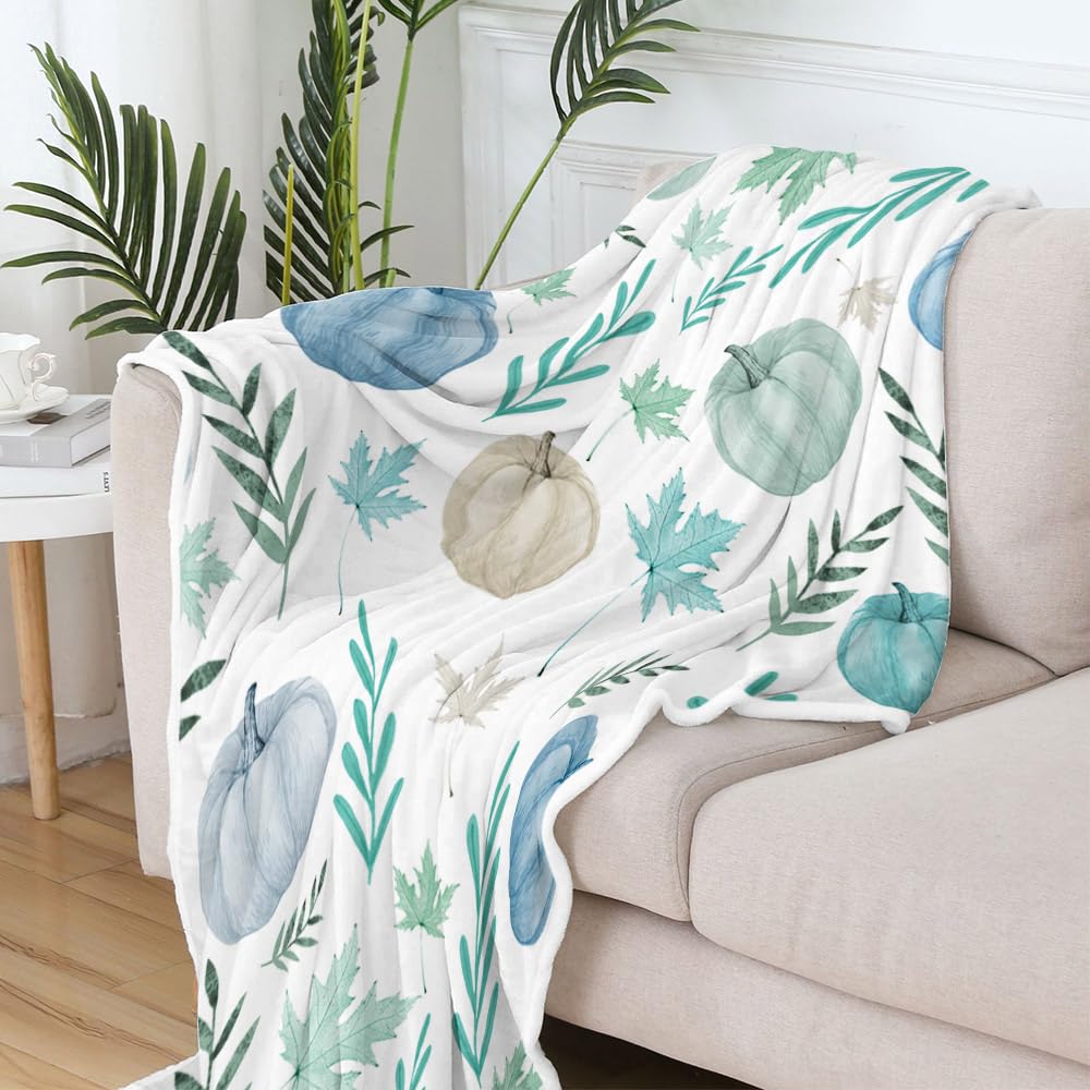 DYNH Fall Throw Blanket,Pumpkin Throw Blankets,Thamksgiving Fall Autumn Blue Orange White Teal Pumpkins and Leaves Cozy Soft Fleece Fuzzy Throw Blankets for Bed Couch Sofa Chairs