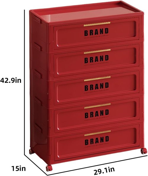 300QT Foldable Storage Cabinet - 5-Tier Organizer with Magnetic Door & Wheels | Space-Saving Unit in Red