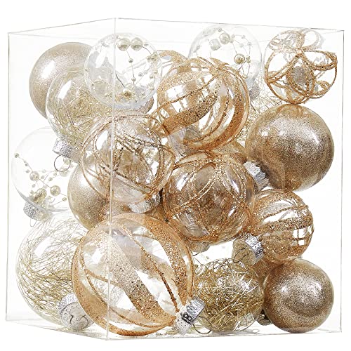 Champagne Clear Christmas Ball Ornaments 24-Pack - Shatterproof Plastic 3 Sizes
